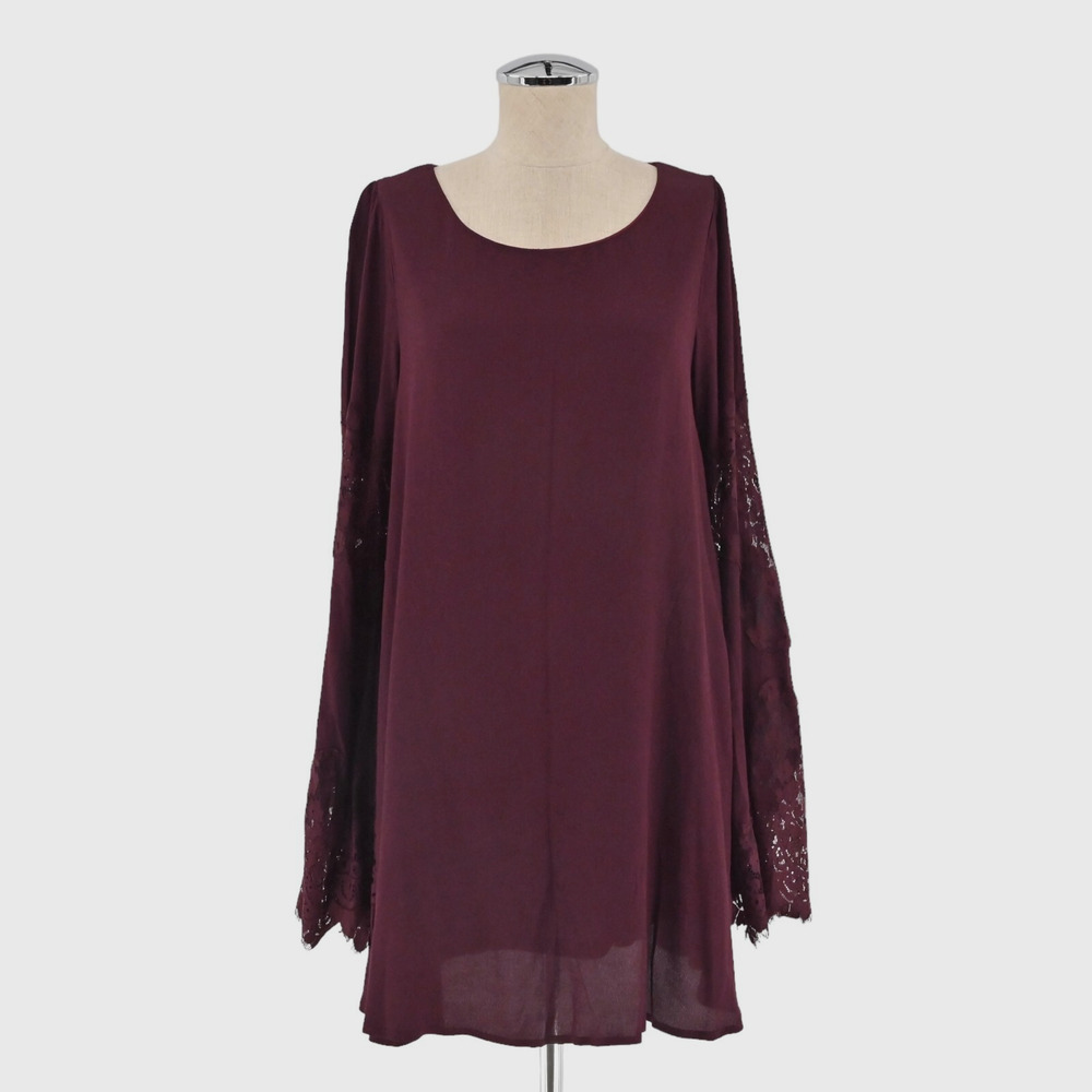 ALTAR'D STATE Boho Bell Sleeve Dress Sz L Shift Burgundy Floral Lace Whimsigoth‎